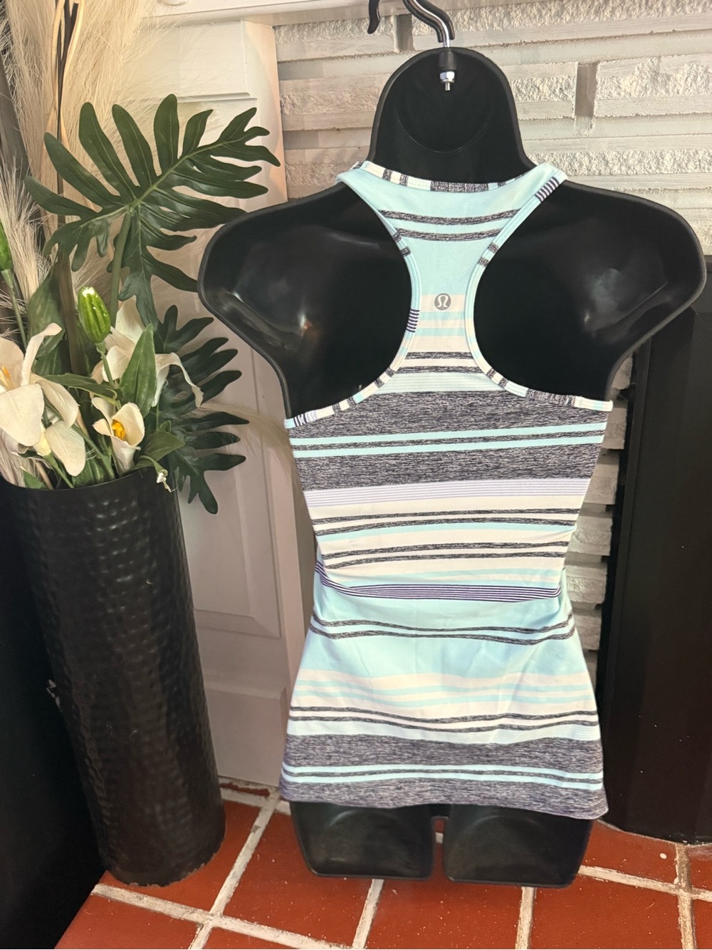 lululemon athletica Striped Racerback Tank in Blue/Teal Grey & White - Size S